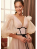 Nude Pink Pleated Tulle Midi Party Dress With Removable Corset